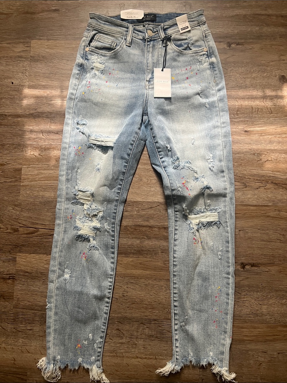 Judy Blue Light Blue Distressed Boyfriend Jeans with Paint-Splatter